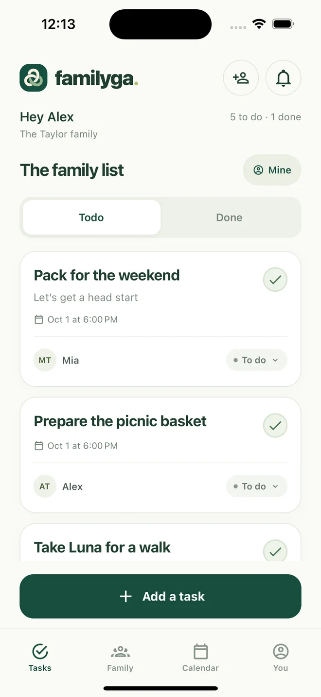 Familyga task list showing Todo and Done, with packing and picnic tasks assigned to Mia and Alex in a fictional demo family.